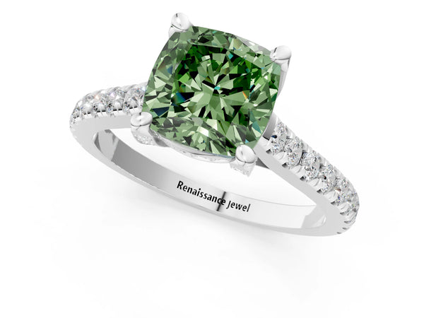 White gold Fancy Green Cushion  Brilliant Diamond Solitaire with Pavé Band and Four-Prong Setting
