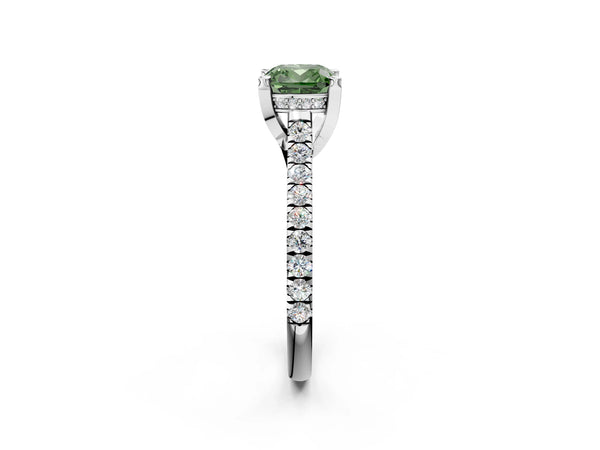 White gold Fancy Green Cushion  Brilliant Diamond Solitaire with Pavé Band and Four-Prong Setting