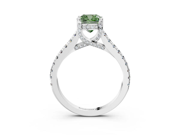 White gold Fancy Green Cushion  Brilliant Diamond Solitaire with Pavé Band and Four-Prong Setting