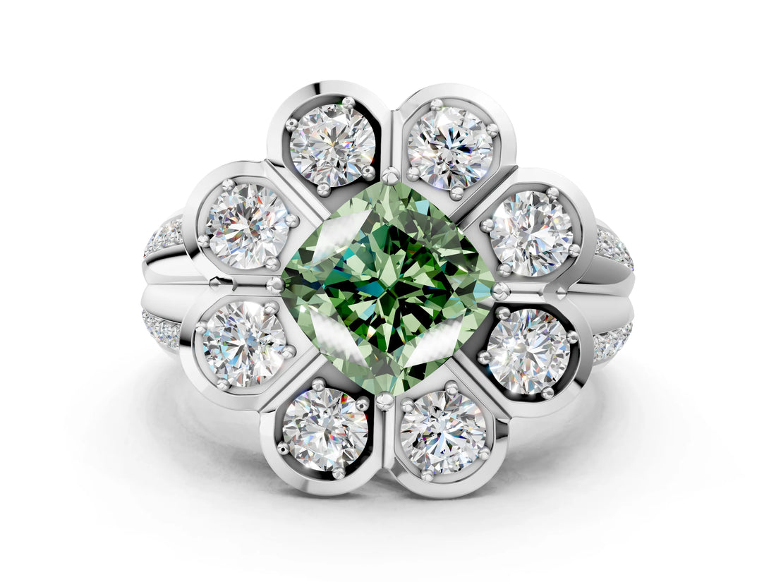 White gold Fancy Green Cushion  Brilliant Flower Halo Diamond Split Shank Ring_111