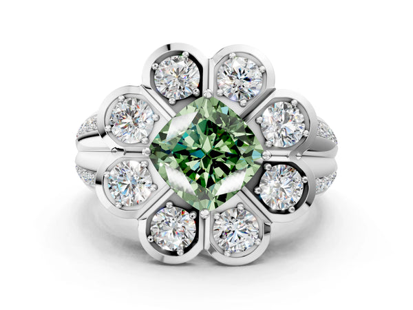 White gold Fancy Green Cushion  Brilliant Flower Halo Diamond Split Shank Ring