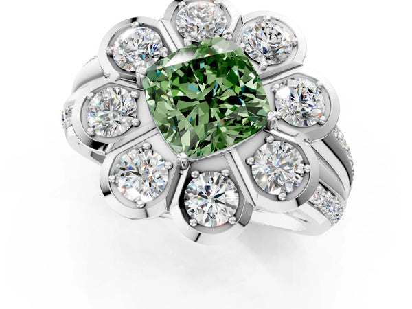 White gold Fancy Green Cushion  Brilliant Flower Halo Diamond Split Shank Ring