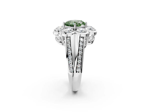 White gold Fancy Green Cushion  Brilliant Flower Halo Diamond Split Shank Ring