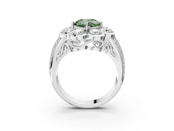 White gold Fancy Green Cushion  Brilliant Flower Halo Diamond Split Shank Ring