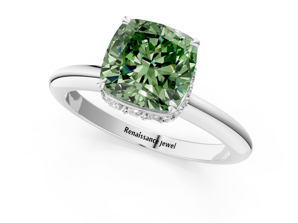 Platinum Fancy Green Cushion  Brilliant Solitaire Engagement Ring with Six-Prong Setting and Classic Band