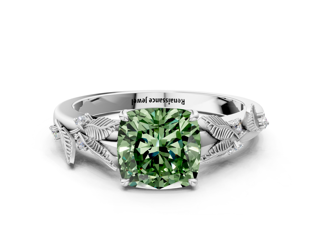 White gold Fancy Green Cushion  Brilliant Solitaire with Leaf Motif Band and Four-Prong Setting_61