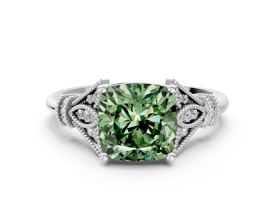 White gold Fancy Green Cushion  Brilliant Solitaire with Pave Band and Four-Prong Setting_20