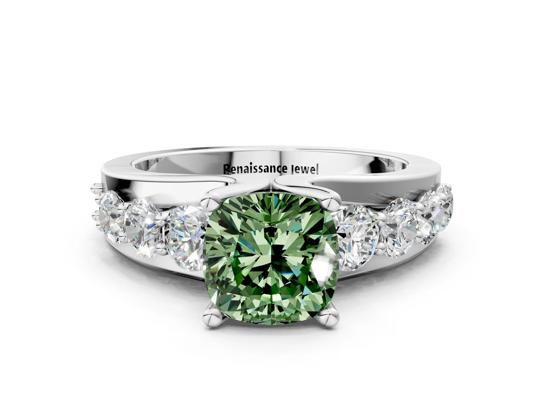 White gold Fancy Green Cushion  Brilliant Solitaire with Side Stones on a Pave Band and Four-Prong Setting_60