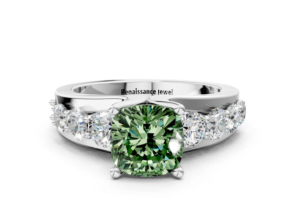 Platinum Fancy Green Cushion  Brilliant Solitaire with Side Stones on a Pave Band and Four-Prong Setting