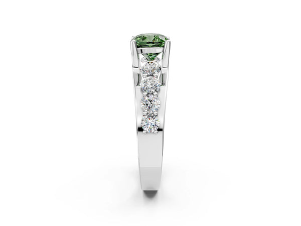 Platinum Fancy Green Cushion  Brilliant Solitaire with Side Stones on a Pave Band and Four-Prong Setting