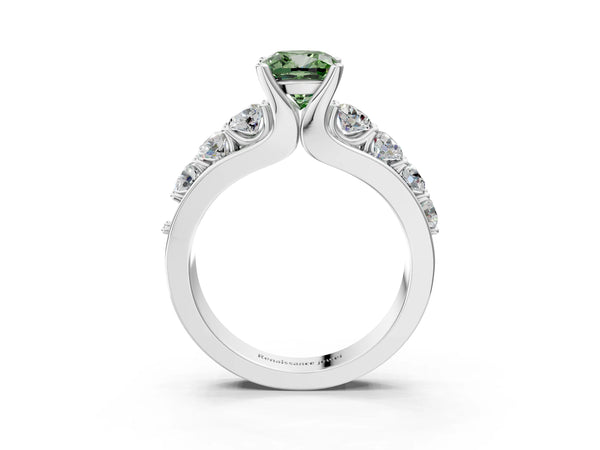 Platinum Fancy Green Cushion  Brilliant Solitaire with Side Stones on a Pave Band and Four-Prong Setting
