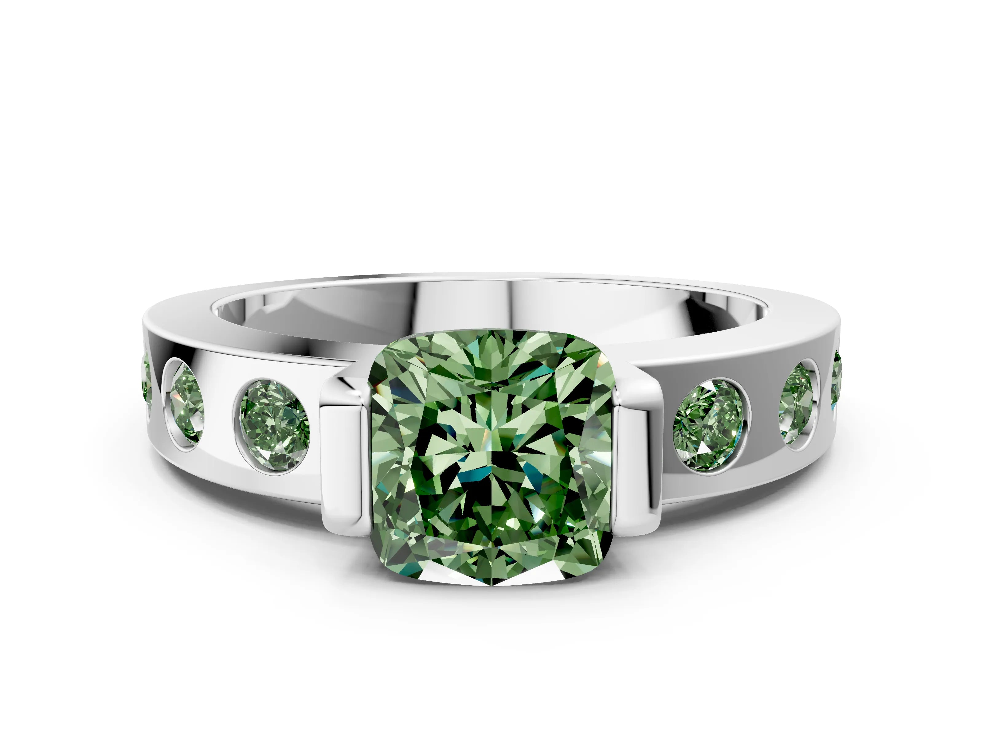 White gold Fancy Green Cushion Cut Brilliant Channel-Set Diamond Ring with Bezel Prong Setting_12