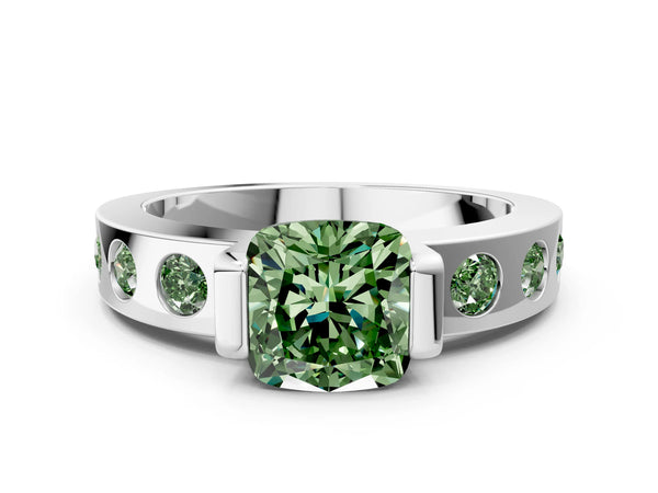 White gold Fancy Green Cushion Cut Brilliant Channel-Set Diamond Ring with Bezel Prong Setting