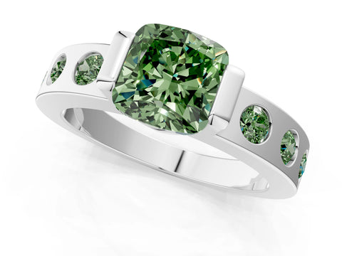 White gold Fancy Green Cushion Cut Brilliant Channel-Set Diamond Ring with Bezel Prong Setting_13