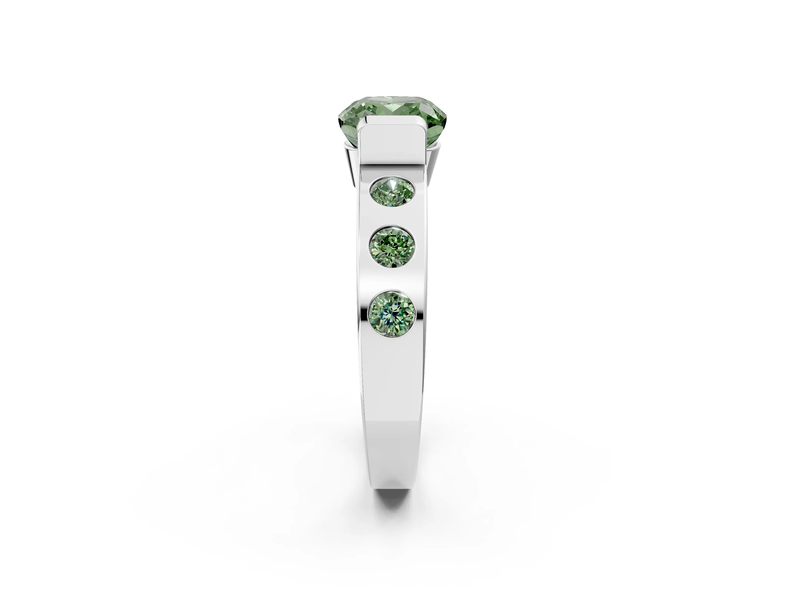 White gold Fancy Green Cushion Cut Brilliant Channel-Set Diamond Ring with Bezel Prong Setting_14