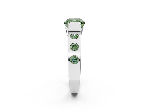 White gold Fancy Green Cushion Cut Brilliant Channel-Set Diamond Ring with Bezel Prong Setting