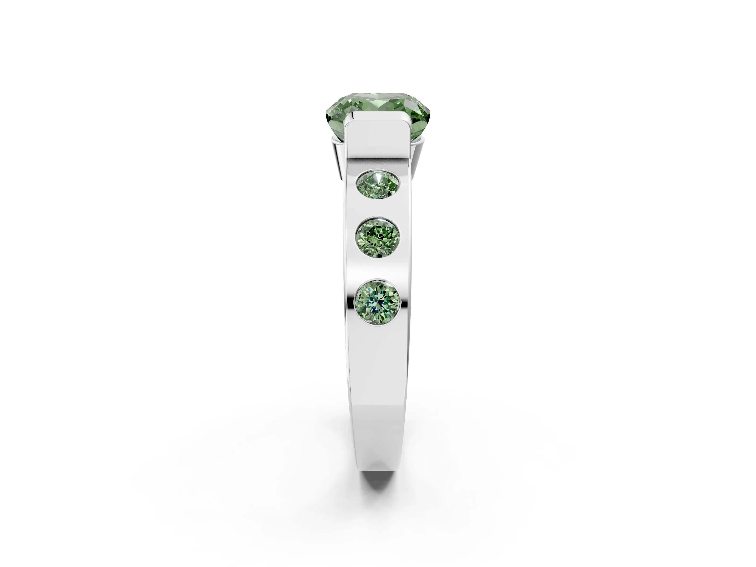 White gold Fancy Green Cushion Cut Brilliant Channel-Set Diamond Ring with Bezel Prong Setting_2