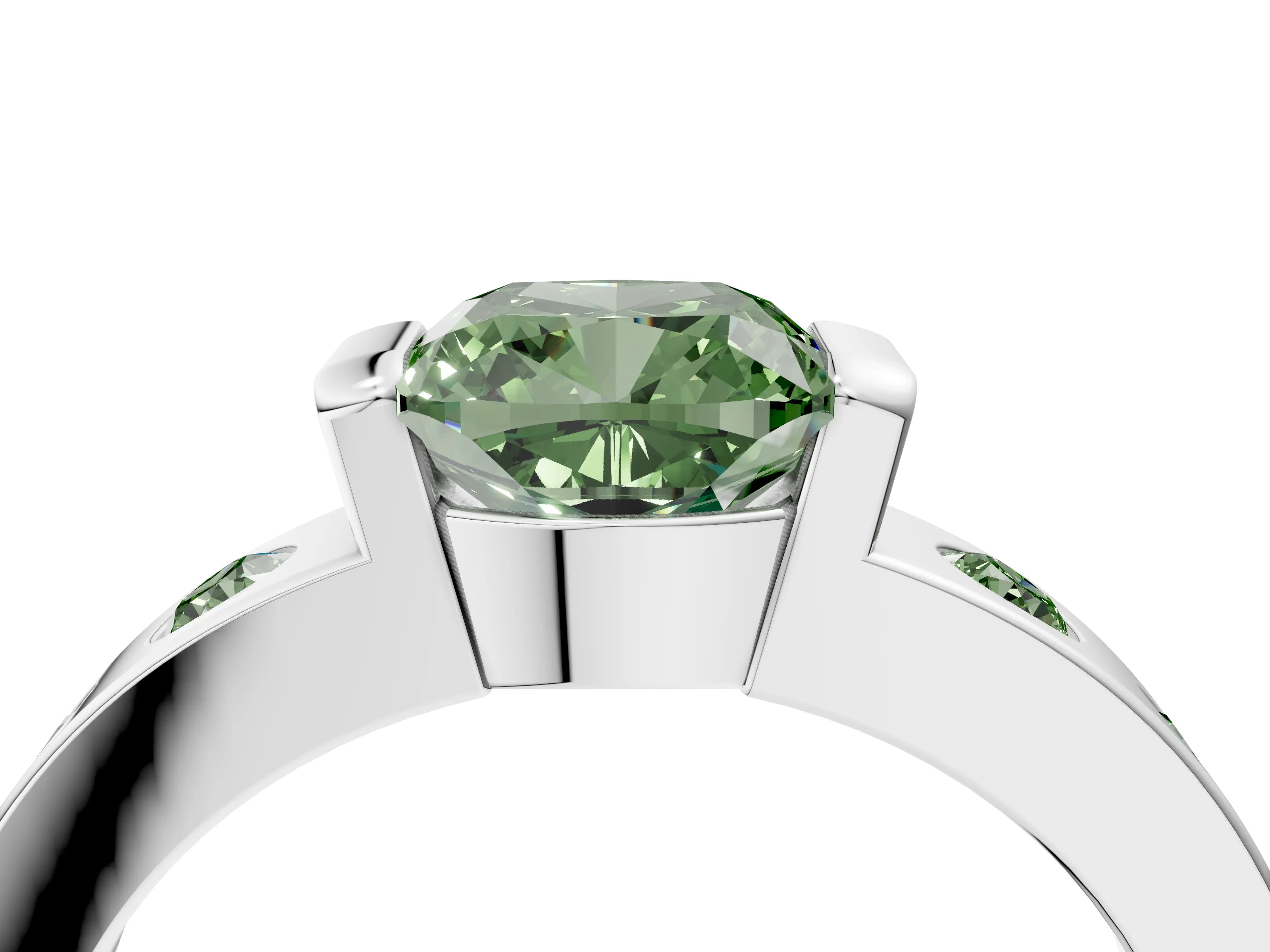 White gold Fancy Green Cushion Cut Brilliant Channel-Set Diamond Ring with Bezel Prong Setting_4