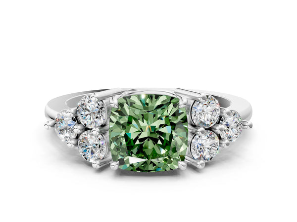 White gold Fancy Green Cushion Cut Brilliant Diamond Cluster Accent Solitaire Ring with Prong Setting