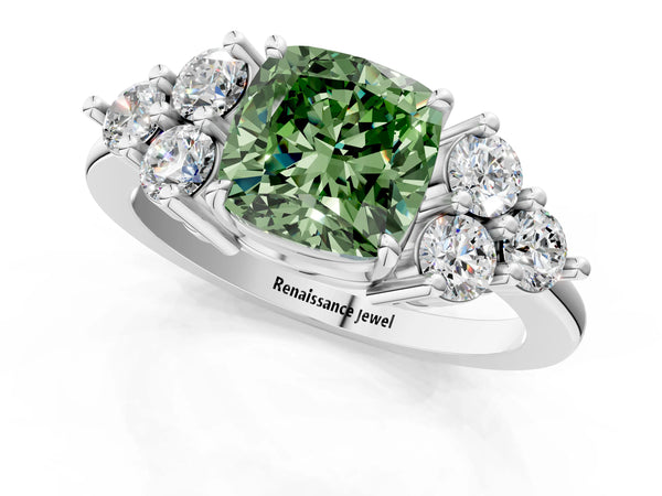 White gold Fancy Green Cushion Cut Brilliant Diamond Cluster Accent Solitaire Ring with Prong Setting