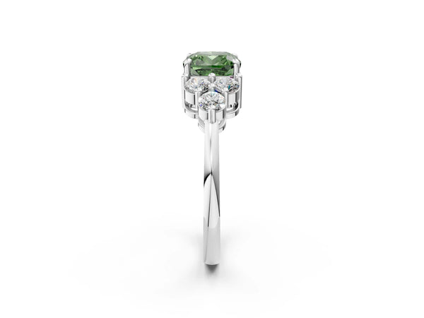 White gold Fancy Green Cushion Cut Brilliant Diamond Cluster Accent Solitaire Ring with Prong Setting