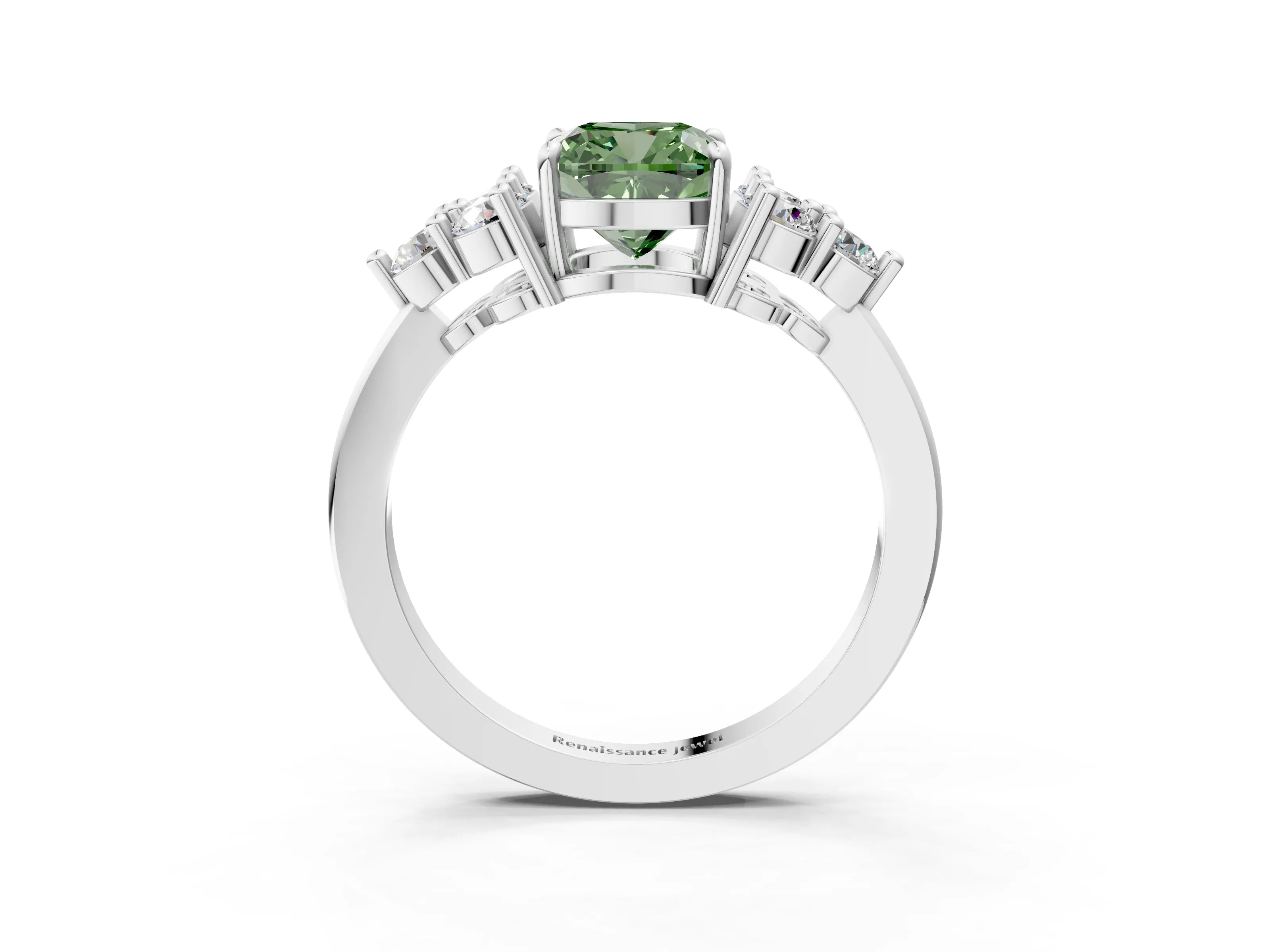 White gold Fancy Green Cushion Cut Brilliant Diamond Cluster Accent Solitaire Ring with Prong Setting_15