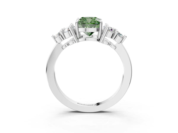 White gold Fancy Green Cushion Cut Brilliant Diamond Cluster Accent Solitaire Ring with Prong Setting