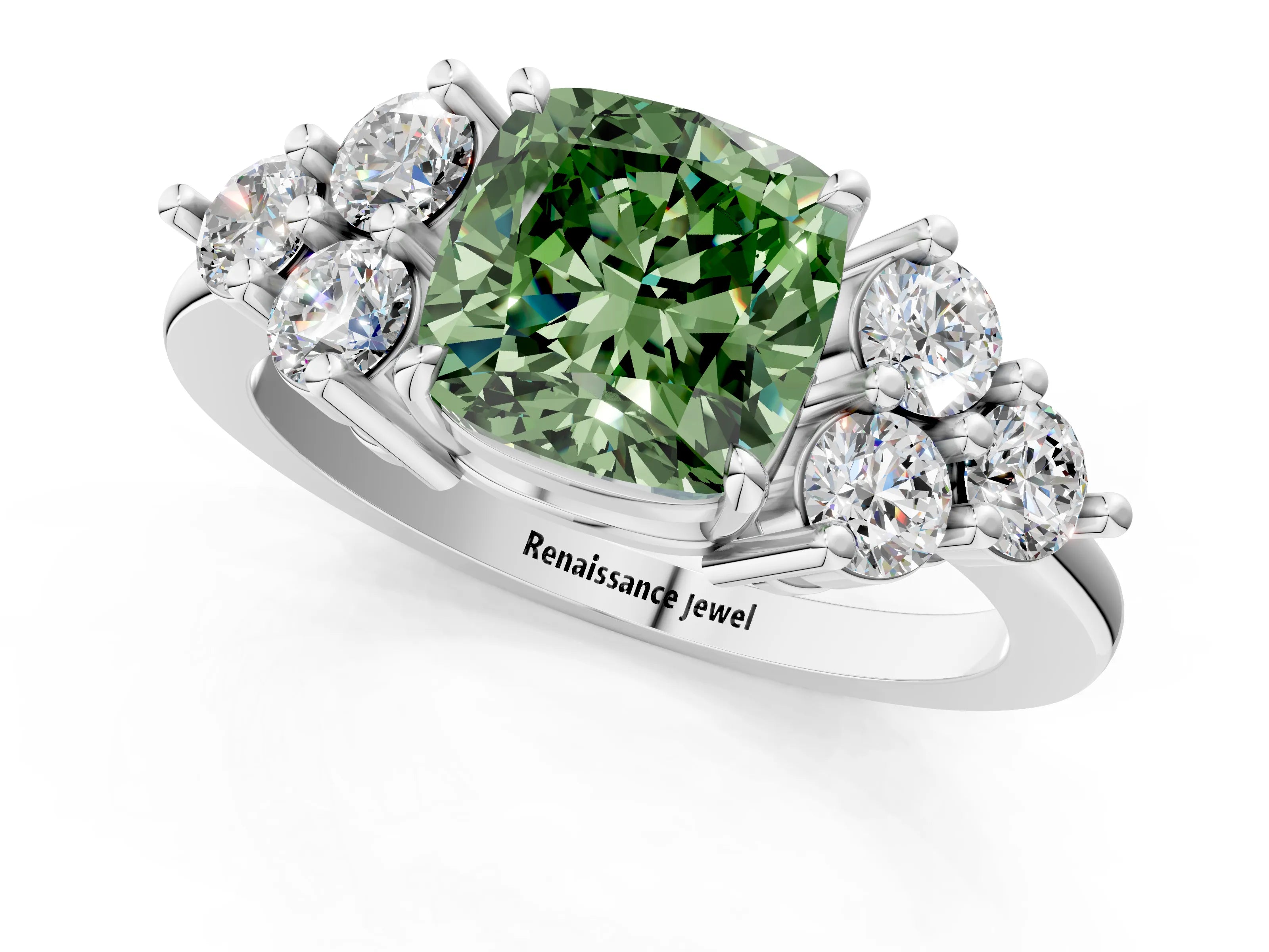 White gold Fancy Green Cushion Cut Brilliant Diamond Cluster Accent Solitaire Ring with Prong Setting_1