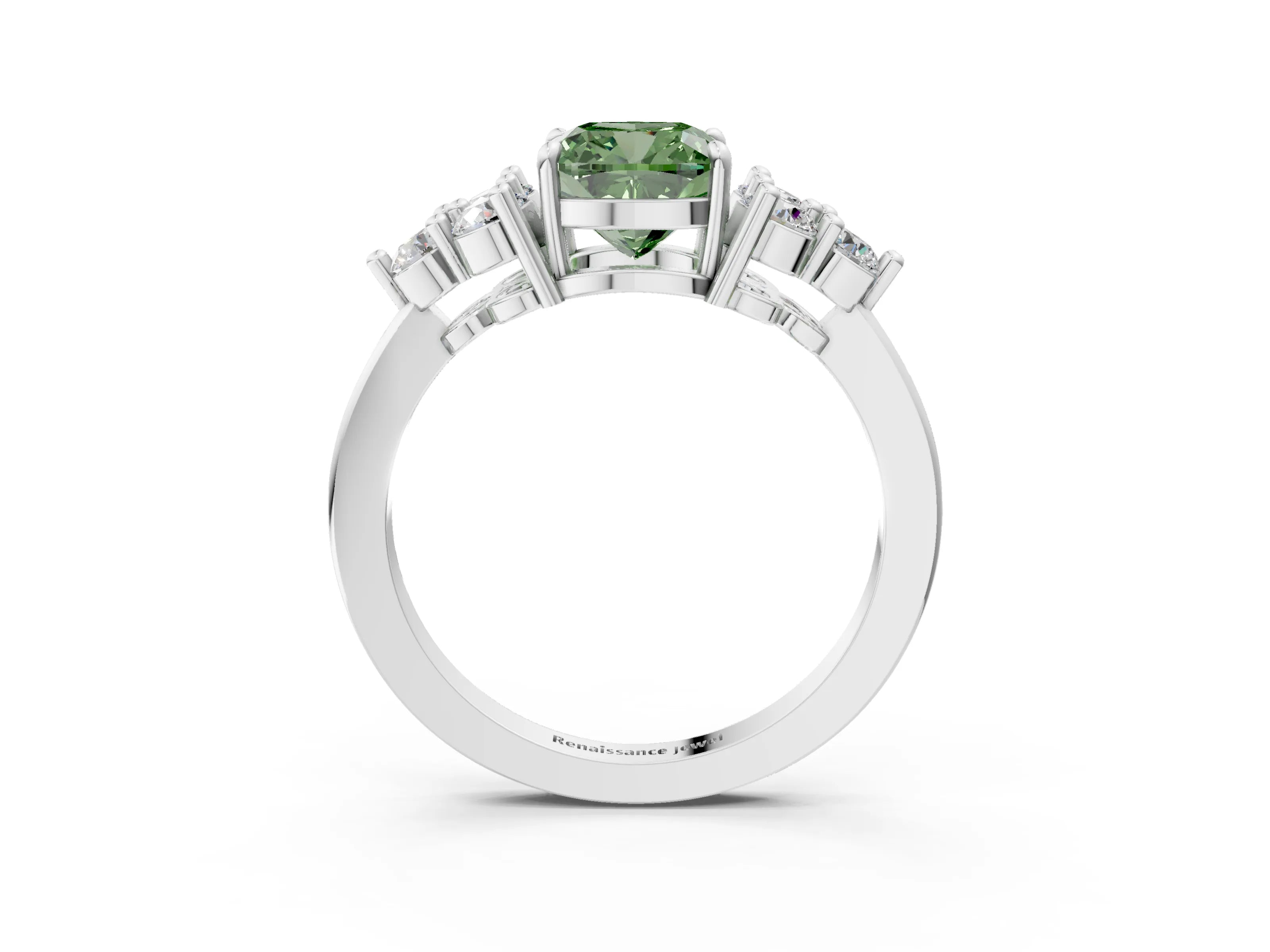 White gold Fancy Green Cushion Cut Brilliant Diamond Cluster Accent Solitaire Ring with Prong Setting_3