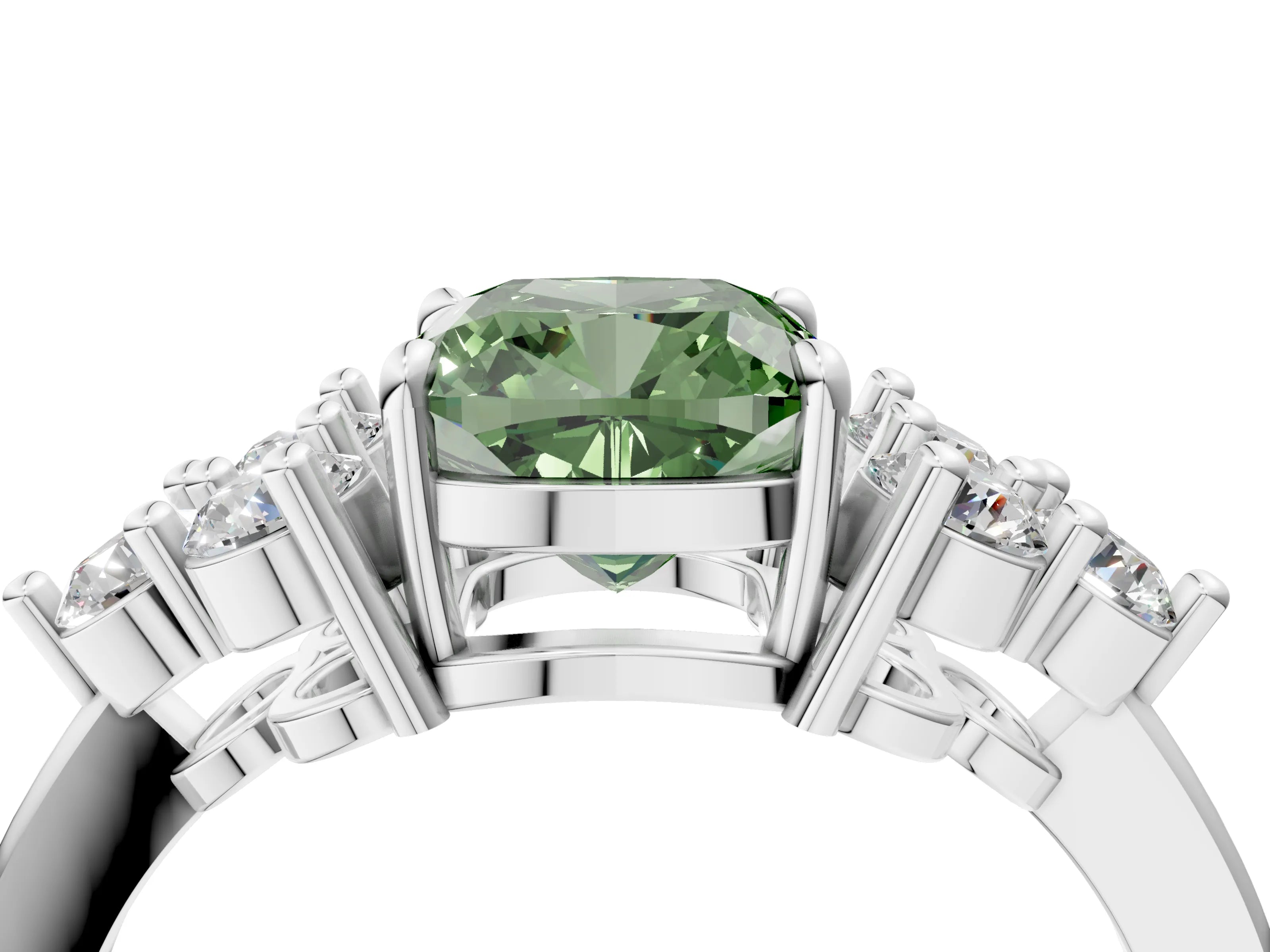 White gold Fancy Green Cushion Cut Brilliant Diamond Cluster Accent Solitaire Ring with Prong Setting_4