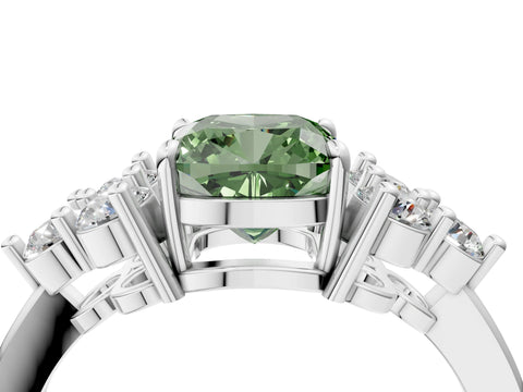 White gold Fancy Green Cushion Cut Brilliant Diamond Cluster Accent Solitaire Ring with Prong Setting_4