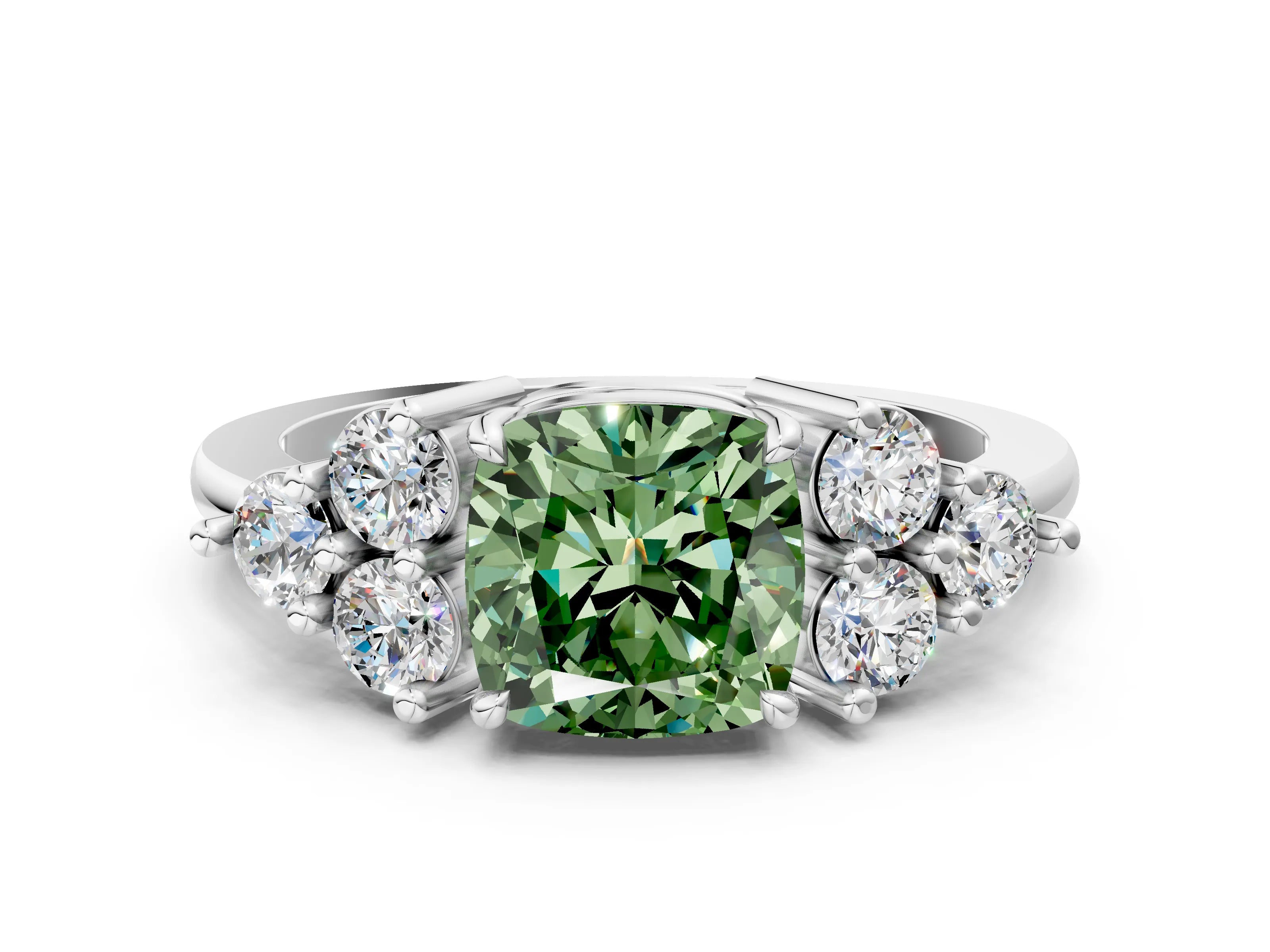 White gold Fancy Green Cushion Cut Brilliant Diamond Cluster Accent Solitaire Ring with Prong Setting