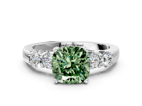 Platinum Fancy Green Cushion Cut Brilliant Diamond Five-Stone Engagement Ring with Prong Setting on a Classic Band