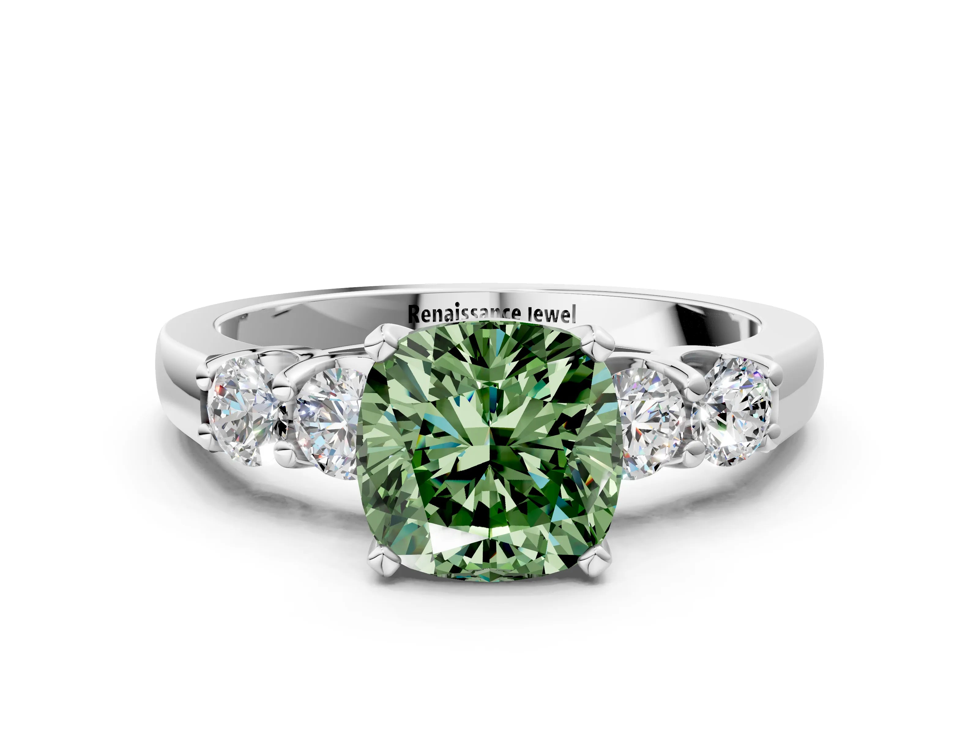 White gold Fancy Green Cushion Cut Brilliant Diamond Five-Stone Engagement Ring with Prong Setting on a Classic Band_3