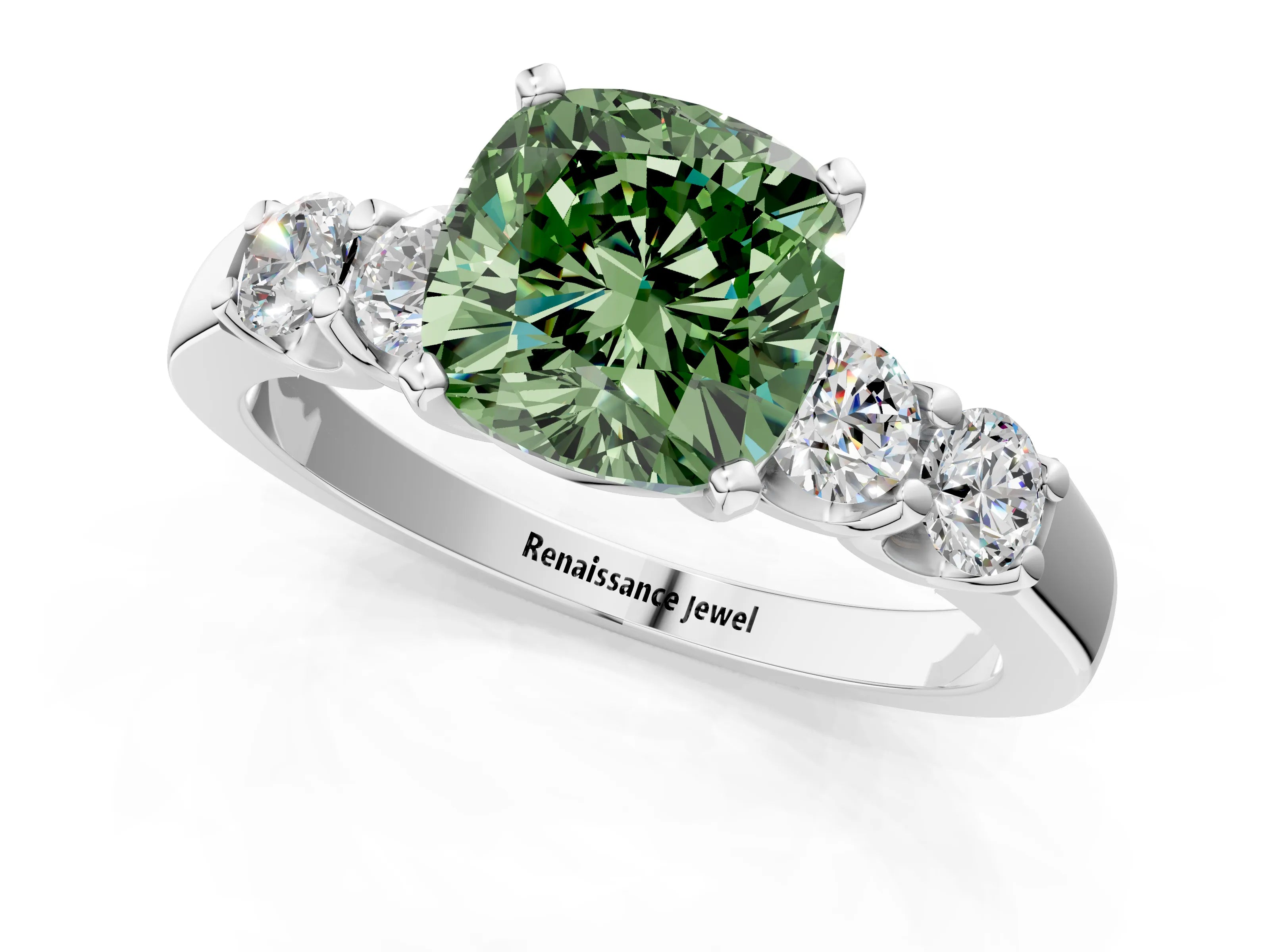 White gold Fancy Green Cushion Cut Brilliant Diamond Five-Stone Engagement Ring with Prong Setting on a Classic Band_4