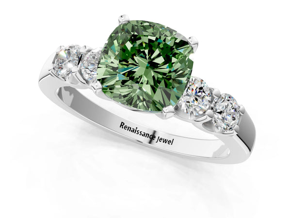 Platinum Fancy Green Cushion Cut Brilliant Diamond Five-Stone Engagement Ring with Prong Setting on a Classic Band