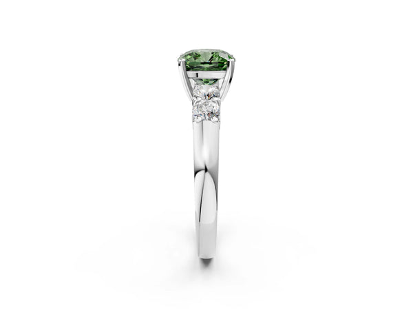 Platinum Fancy Green Cushion Cut Brilliant Diamond Five-Stone Engagement Ring with Prong Setting on a Classic Band