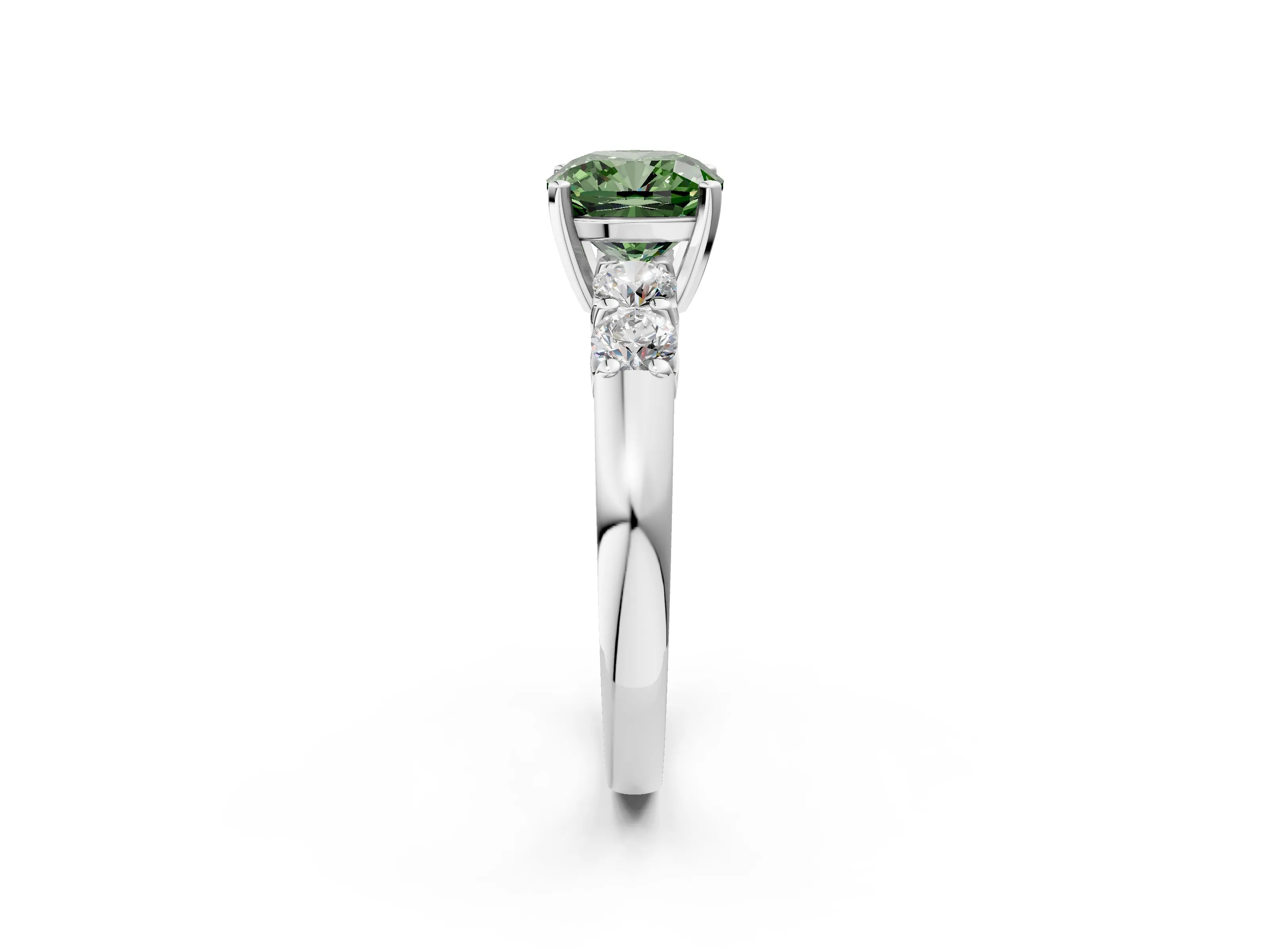 White gold Fancy Green Cushion Cut Brilliant Diamond Five-Stone Engagement Ring with Prong Setting on a Classic Band_5