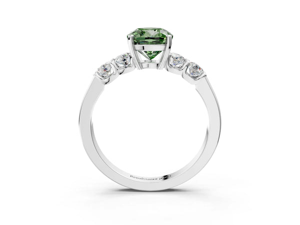 Platinum Fancy Green Cushion Cut Brilliant Diamond Five-Stone Engagement Ring with Prong Setting on a Classic Band