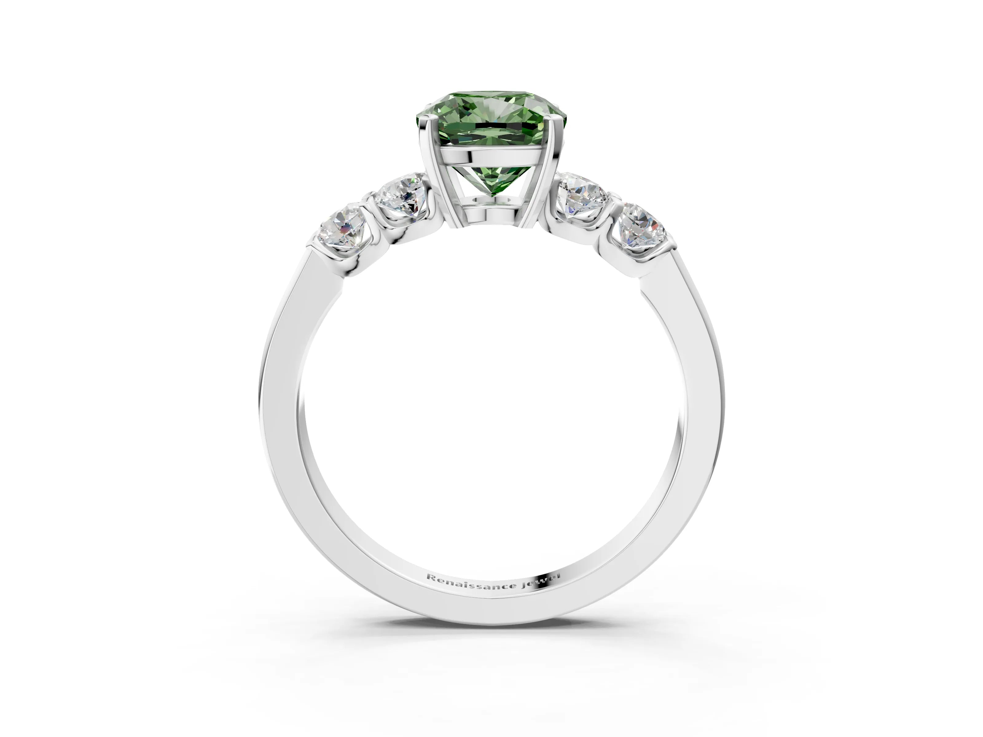 White gold Fancy Green Cushion Cut Brilliant Diamond Five-Stone Engagement Ring with Prong Setting on a Classic Band_6