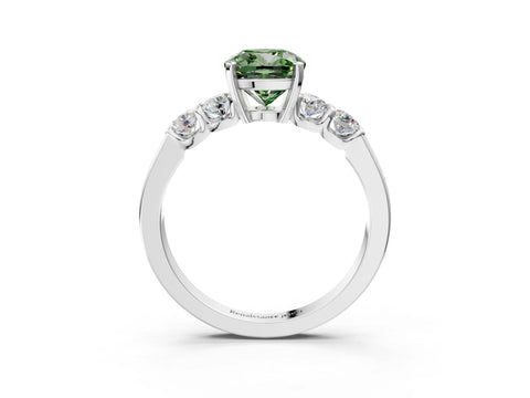 White gold Fancy Green Cushion Cut Brilliant Diamond Five-Stone Engagement Ring with Prong Setting on a Classic Band_6