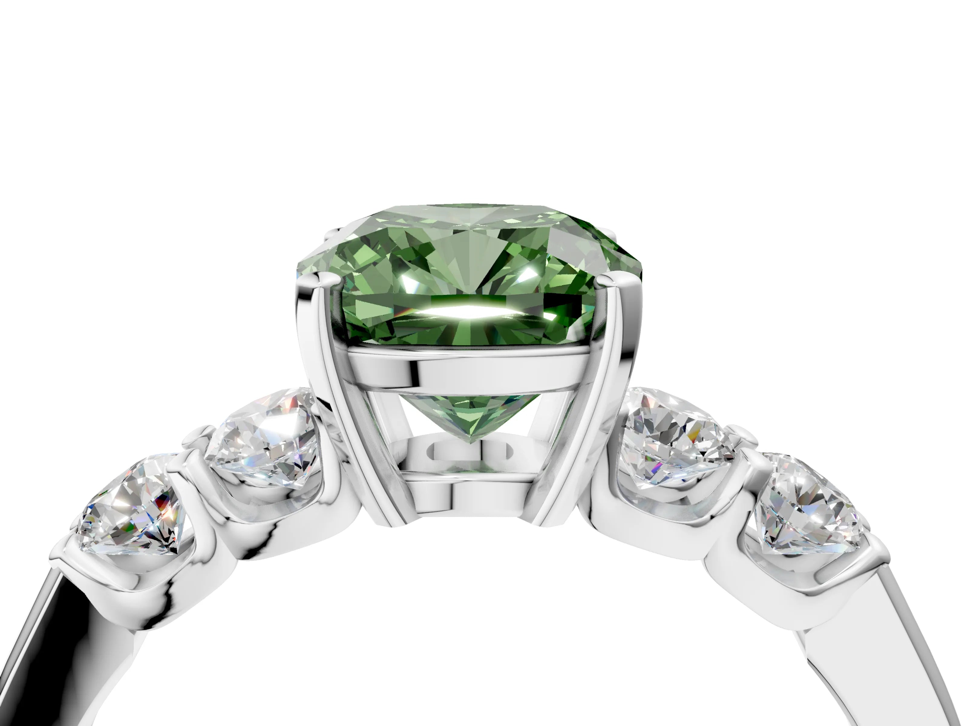 White gold Fancy Green Cushion Cut Brilliant Diamond Five-Stone Engagement Ring with Prong Setting on a Classic Band_7