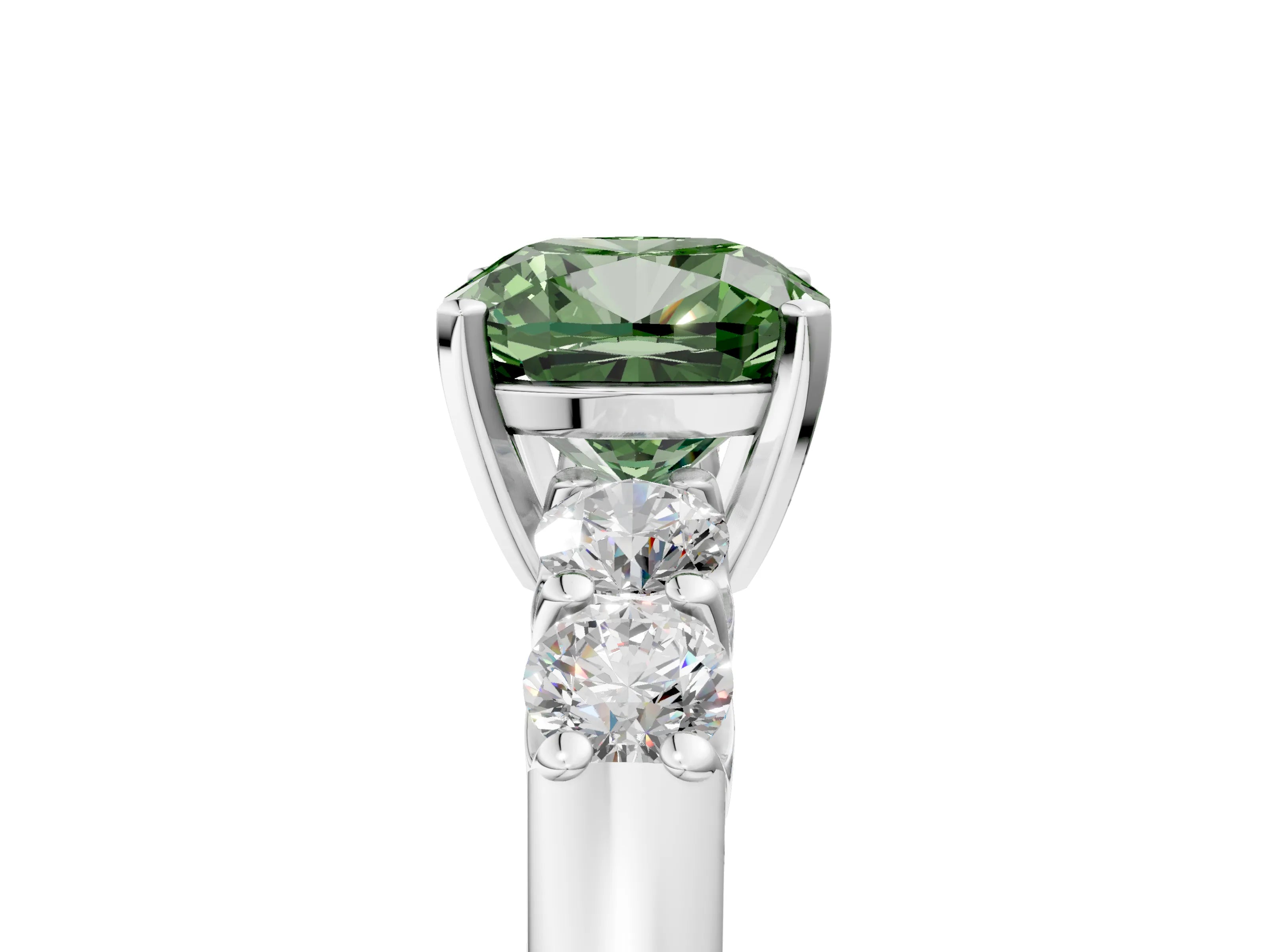 White gold Fancy Green Cushion Cut Brilliant Diamond Five-Stone Engagement Ring with Prong Setting on a Classic Band_8