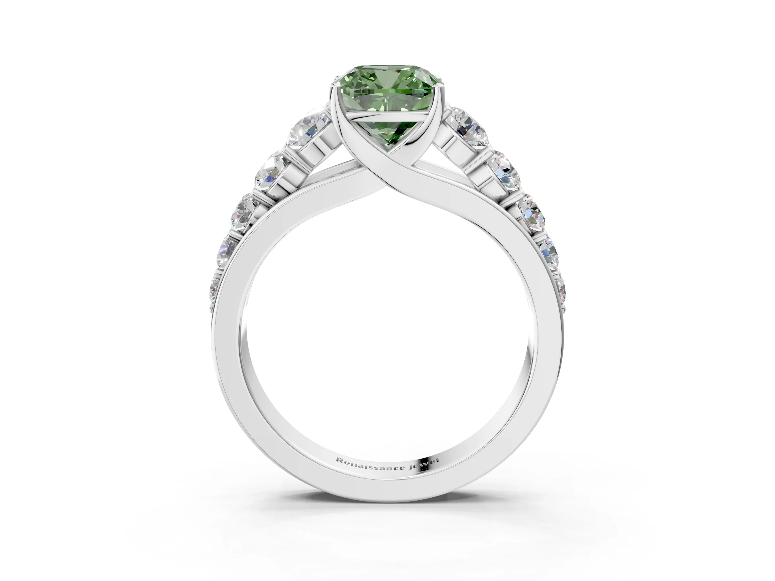 White gold Fancy Green Cushion Cut Brilliant Diamond Pavé Band with Six-Prong Setting_3