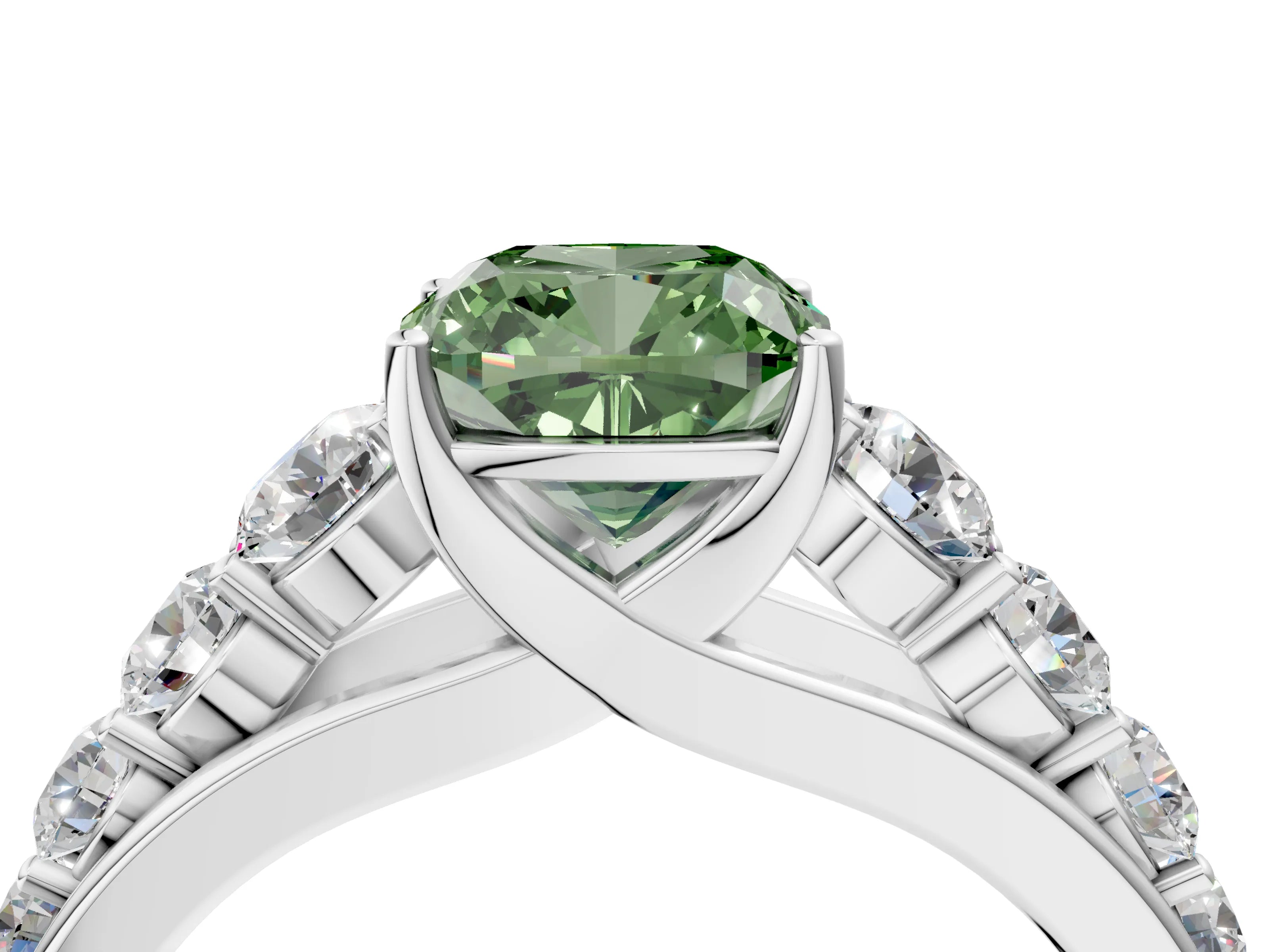 White gold Fancy Green Cushion Cut Brilliant Diamond Pavé Band with Six-Prong Setting_4