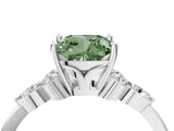 14K White Gold 2.31 Carat Green VVS2 Cushion Brilliant Diamond Solitaire Ring with Pear Side Stones and Four-Prong Setting
