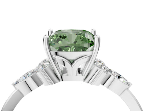 White gold Fancy Green Cushion Cut Brilliant Diamond Solitaire Ring with Pear Side Stones and Four-Prong Setting_10