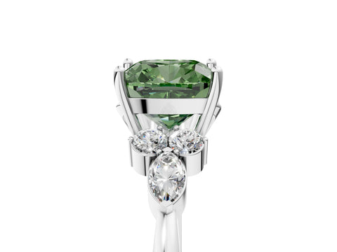 White gold Fancy Green Cushion Cut Brilliant Diamond Solitaire Ring with Pear Side Stones and Four-Prong Setting_11