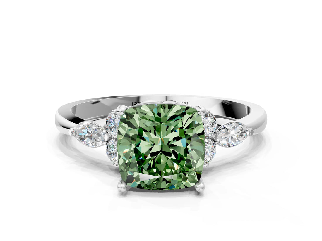 14K White Gold 2.31 Carat Green VVS2 Cushion Brilliant Diamond Solitaire Ring with Pear Side Stones and Four-Prong Setting