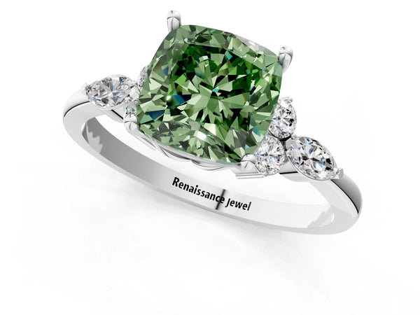 White gold Fancy Green Cushion Cut Brilliant Diamond Solitaire Ring with Pear Side Stones and Four-Prong Setting